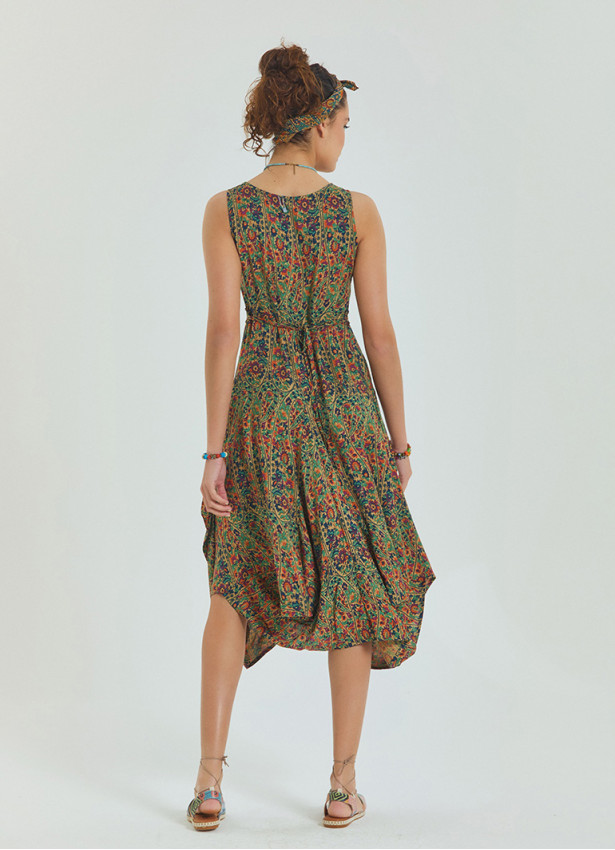 Pera Patterned Sleeveless Paisley Tie Waist Dress